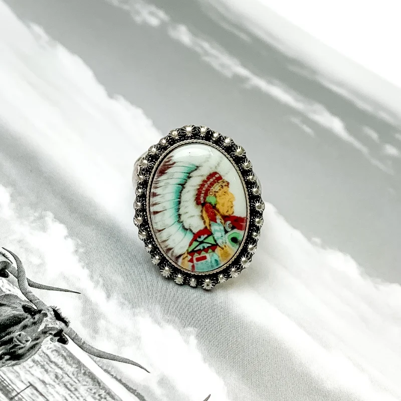 Women’s rings with hematite for metallic shine -Indian Chief Ring in White with Silver Tone Outline