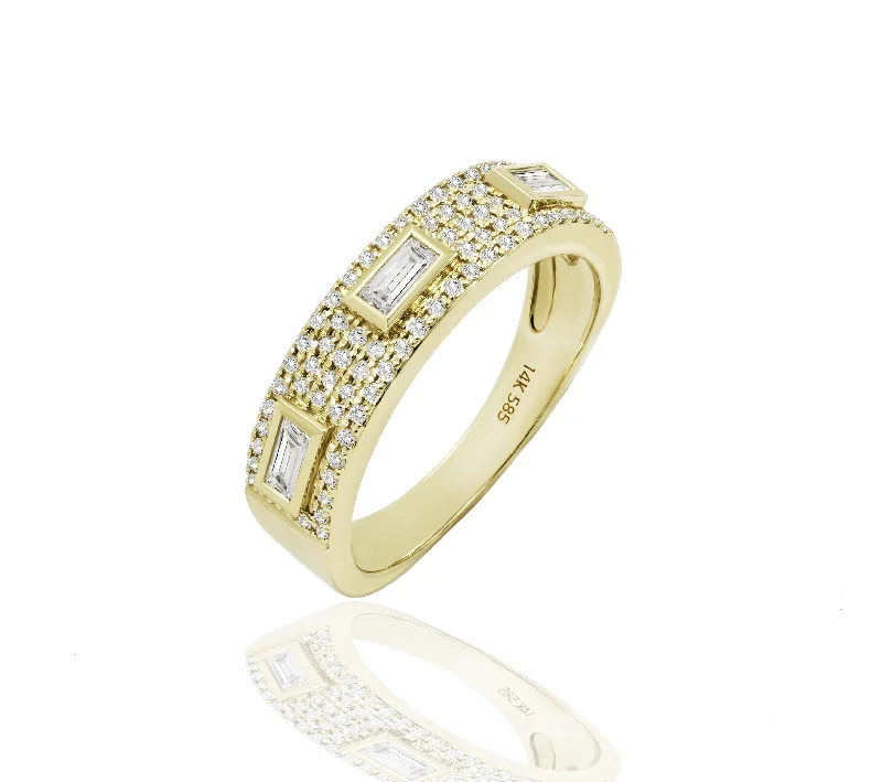 Women’s rings with vintage claw prong settings -Diamond Full Pave Band set with 3 Baguettes set in 14kt Gold