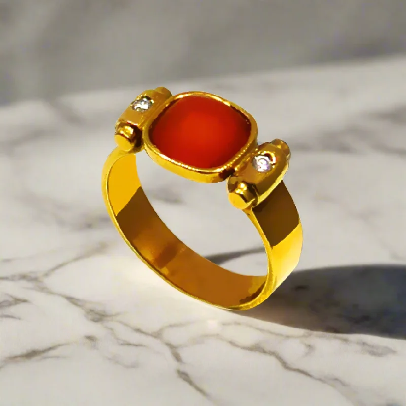 Women’s rose gold rings with moonstone glow -Ring in 18k Gold with red Amber and Brilliants (B-37)