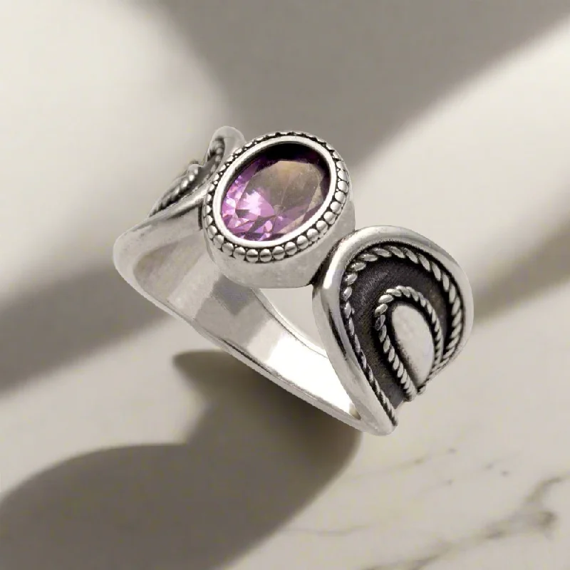 Women’s stretch rings for adjustable comfort fit -Ring in Sterling Silver with a Purple Zircon (DT-05)