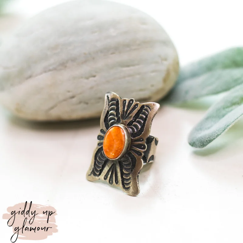 Women’s rings with eternity knot for love -Shawn Cayatineto | Navajo Handmade Sterling Silver Ring with Red Orange Spiny Oyster Shell Stone | Size 8