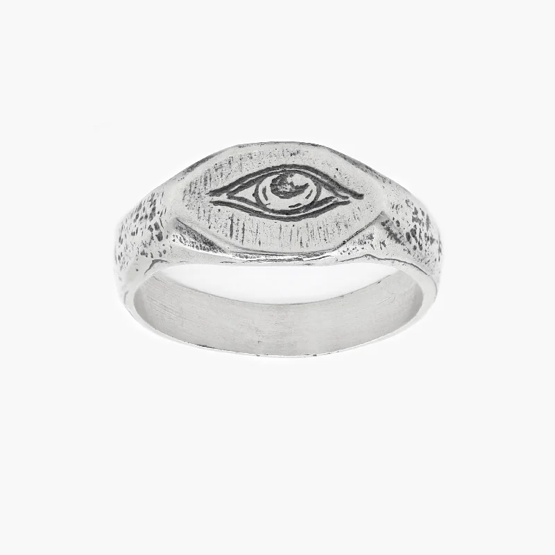 Women’s rings with rustic malachite band swirls -Thin Signet Ring With Engraved Evil Eye