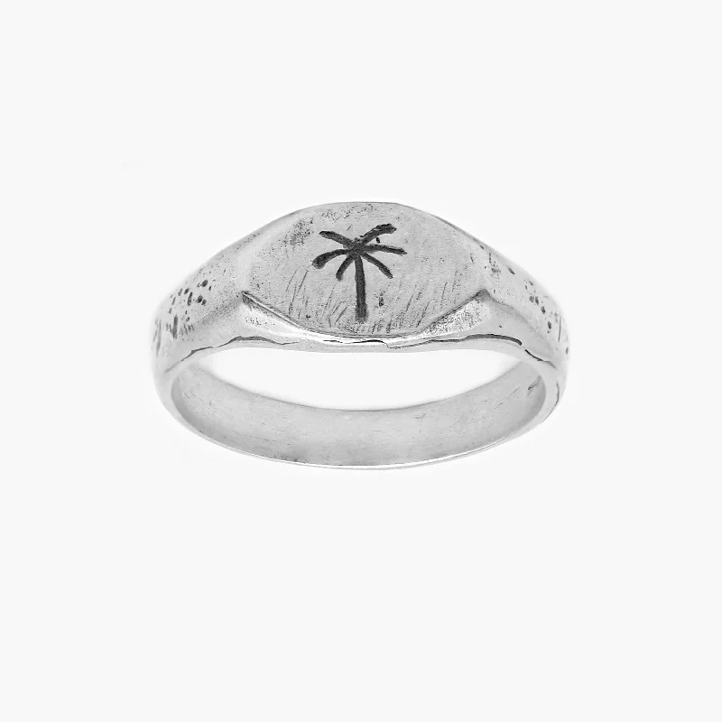 Women’s rings with smoky quartz for depth -Thin Signet Ring With Engraved Palm Tree