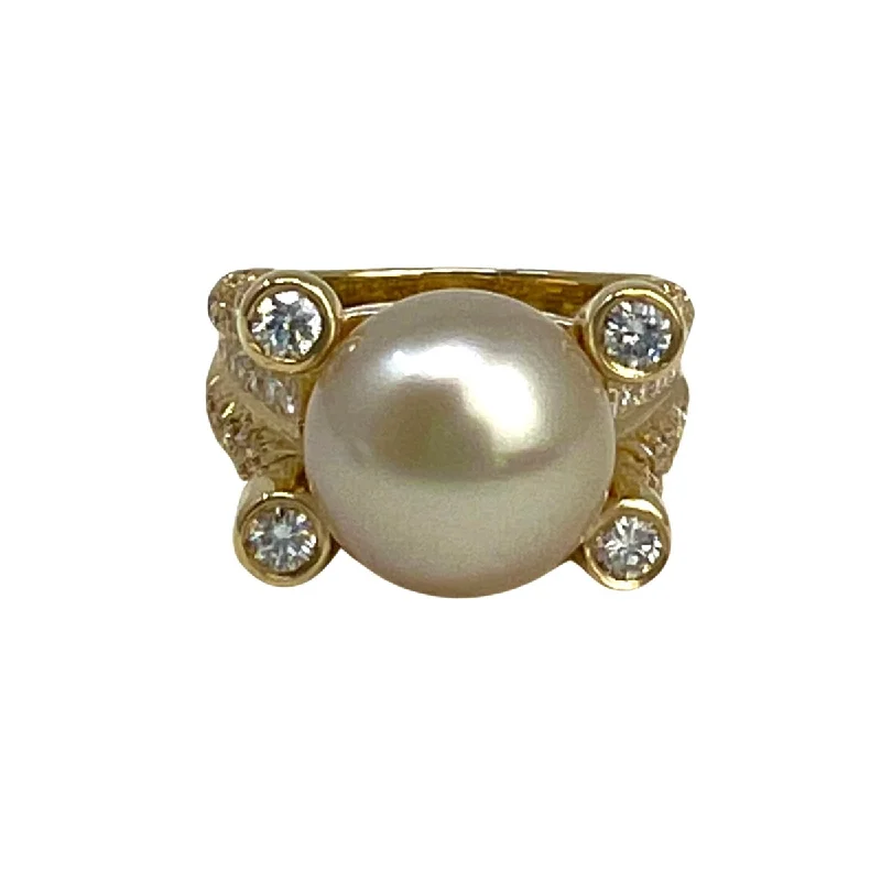 Women’s rings with polished amber for warmth -Tishman & Lipp 18K Gold Ring with 106 Diamonds and Golden Pearl