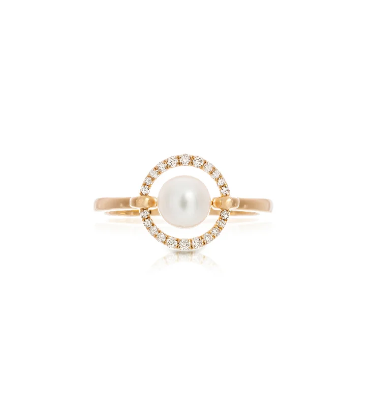 Women’s vintage rings with ornate rose-cut stones -Sabel Collection Yellow Gold Pearl and Diamond Halo Ring