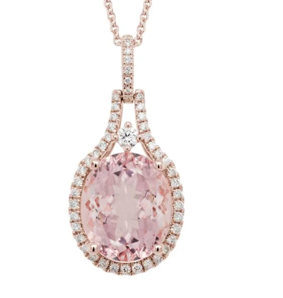 Necklaces and pendants with custom engravings for a personal, meaningful gift-14R Oval Morganite and Diamond Halo Doorknocker Pendant and Chain