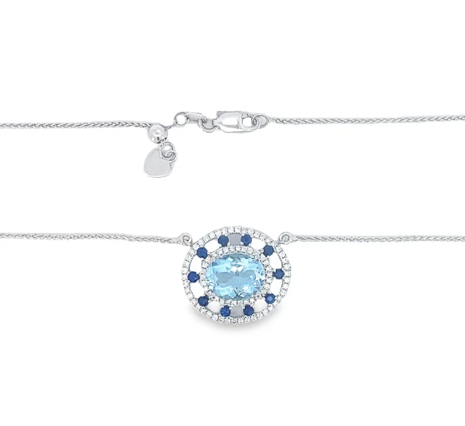 Necklaces and pendants with engraved messages for a deeply personal, sentimental gift-14W Aqua and Sapphire Diamond Double Drop Pendant