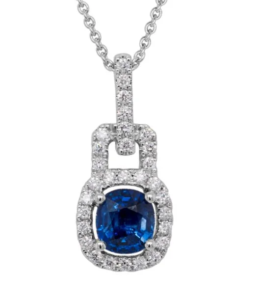 Necklaces and pendants with angel wing motifs for a spiritual, meaningful design-14W Cushion Sapphire and Diamond Halo Door Knocker Pendant and Chain