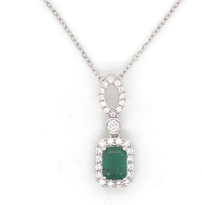 Unique necklaces and pendants with gemstones for a colorful and vibrant statement-14W E/C Emerald and Diamond Halo Pendant  E=.55ct D=.22ctw