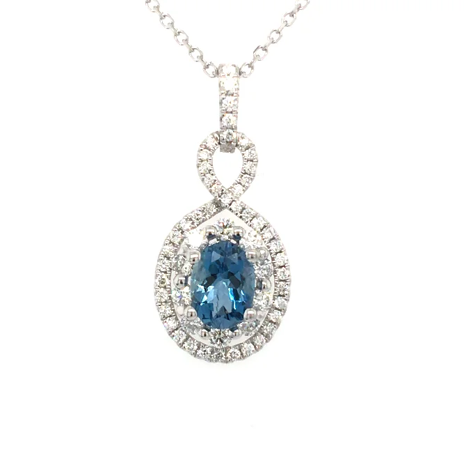 Beautiful necklaces and pendants with natural stones for an earthy, organic vibe-14W Oval Aqua and Double Diamond Halo Pendant  A=.81ct D=.51ctw