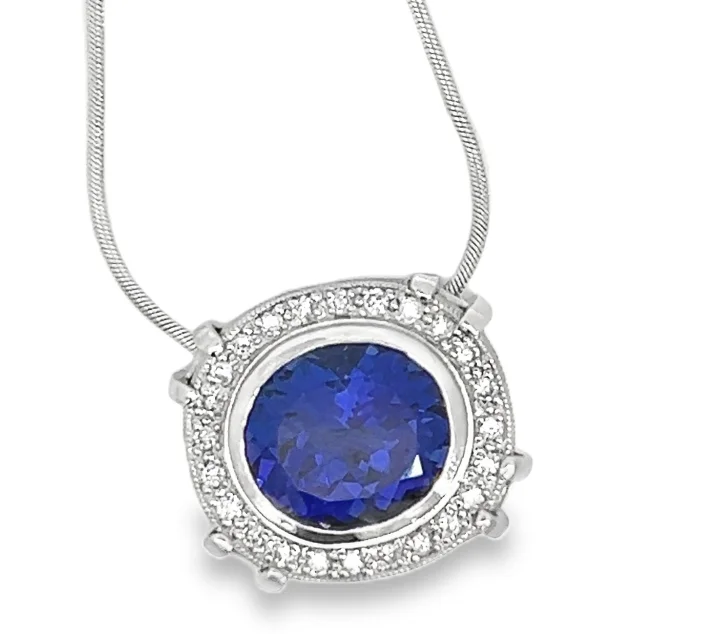 Simple necklaces and pendants with tiny charms for a delicate and casual vibe-14W Oval Tanzanite and Round Diamond Halo Pendant on Snake Chain