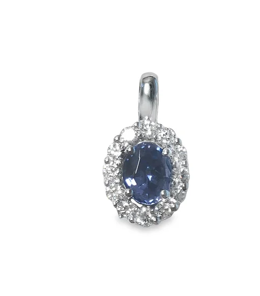 Necklaces and pendants with matching rings for a coordinated set of jewelry-14W Oval Tanzanite and Shared Prong Halo Diamond Pendant