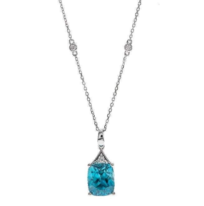 Stunning necklaces and pendants with birthstone pendants for a personal touch-14W Rect Cushion Cut Blue Zircon and Rd Diamond Pendant w/ Cable Chain  BZ=3.97ct D=.04ct