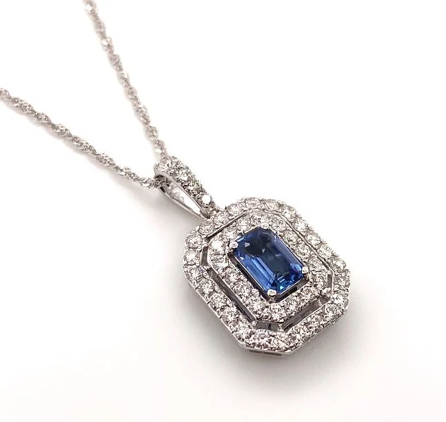 Necklaces and pendants with enamel accents for a colorful, eye-catching appearance-14W Sapphire Diamond Double Halo Pend w/16" Rope