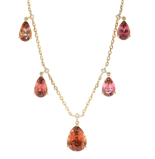 Unique necklaces and pendants with custom birthstone arrangements for personalization-14Y 5 Multicolor Pear Tourmaline and Diamond Drop Necklace