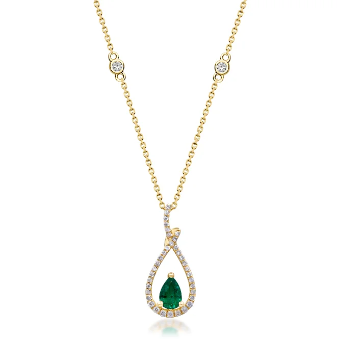 14Y P/S Emerald and Rd Diamond Tear Drop Pendant and Chain  E=.33  38D=.18ctw