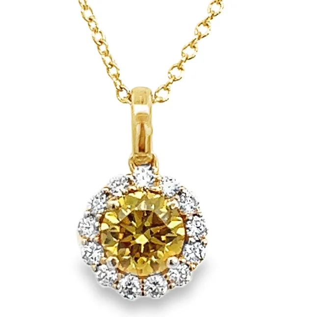 Stunning necklaces and pendants with ruby and diamond combinations for a luxurious effect-14Y Round HPHT Golden and White Diamond Halo Pendant