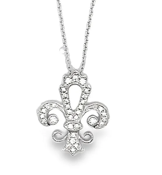 Necklaces and pendants with love knot designs for a romantic, meaningful symbol-18W Bead Set Round Diamond Fleur De Lis Pendant