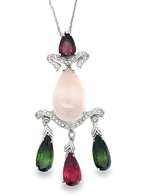 Stunning necklaces and pendants with ruby gemstones for a luxurious red hue-18W Diamond, Pear Rose Quartz, Pink/Green Tourmaline Dangle Pendant