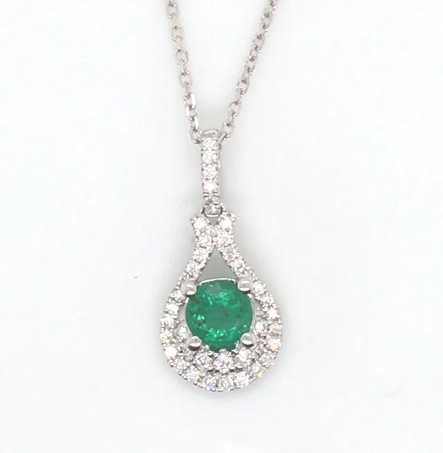 Best necklaces and pendants with opal gemstones for an iridescent glow-18W Round Emerald and Diamond Double Halo Drop Pendant