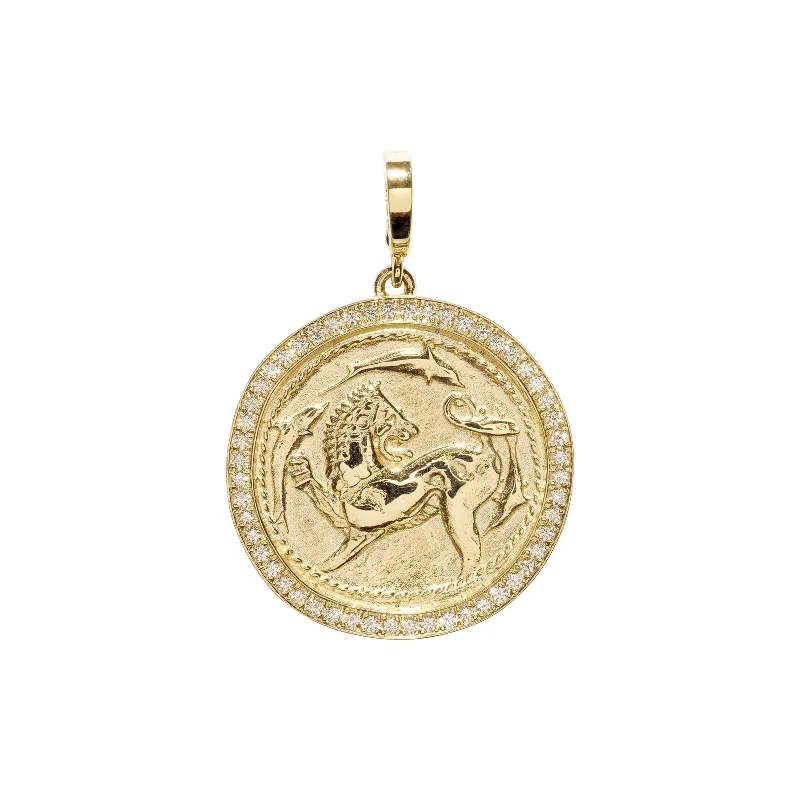 Best necklaces and pendants with opal and gold for a vibrant, luxurious contrast-Large Pave Diamond Lion and Dolphin Coin Charm