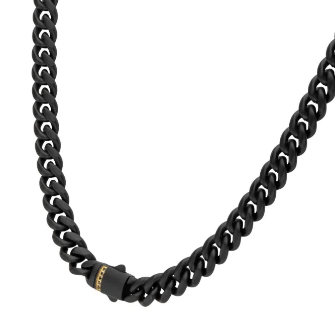 Best necklaces and pendants for weddings with matching designs for bride and groom-Black St.St/18KYP 22" 6mm Cuban Necklace w/ Matte Finish   5 Black Sapphires