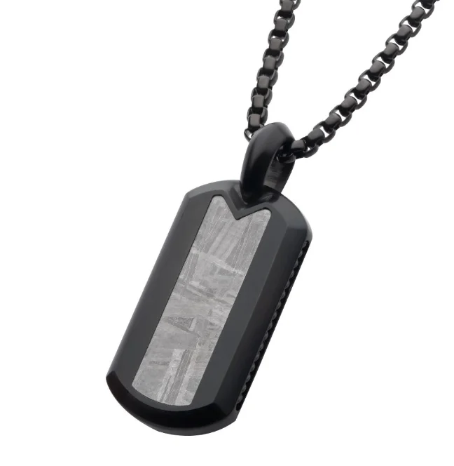 Unique necklaces and pendants with gemstones for a colorful and vibrant statement-Black Stainless Steel/Meteorite Dog Tag Pendant on 24" Box Chain Lobster Clasp Pendant: 19mm (W) x 35.03mm (H) x 5.72mm (THK)