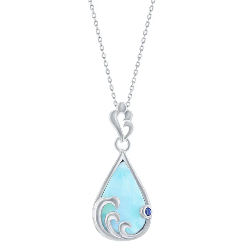 Necklaces and pendants with crescent moon designs for a celestial and mystical feel-Caribbean Treasures Women's Necklace - Larimar and Blue CZ Pearshaped Wave | M-6909