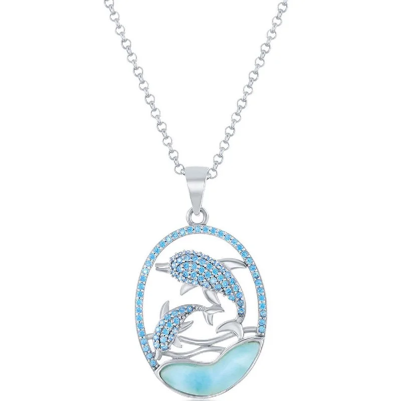 Necklaces and pendants with matching rings for a coordinated set of jewelry-Caribbean Treasures Women's Pendant - Silver Blue CZ Dolphins and Larimar | K-8294