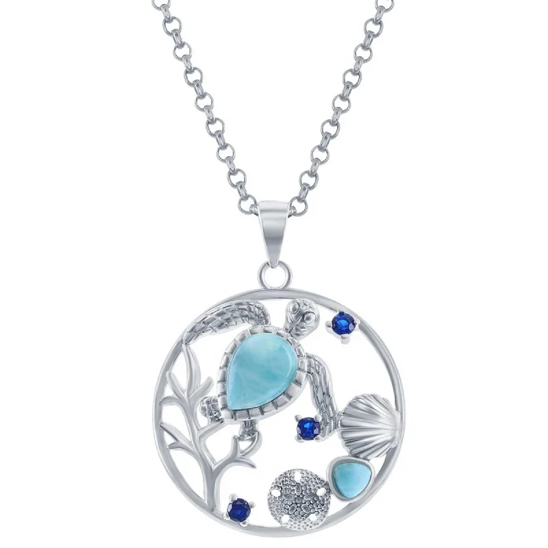 Beautiful necklaces and pendants with natural stones for an earthy, organic vibe-Caribbean Treasures Women's Pendant - Turtle, Seashell, Sand Larimar and CZ | K-8890