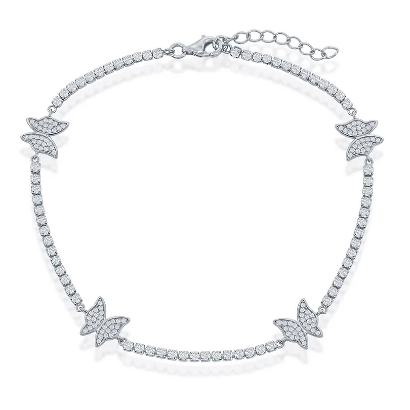 Necklaces and pendants with star-shaped designs for a whimsical, celestial touch-Classic Women's Anklet - Sterling Silver Butterfly CZ Tennis | R-9278