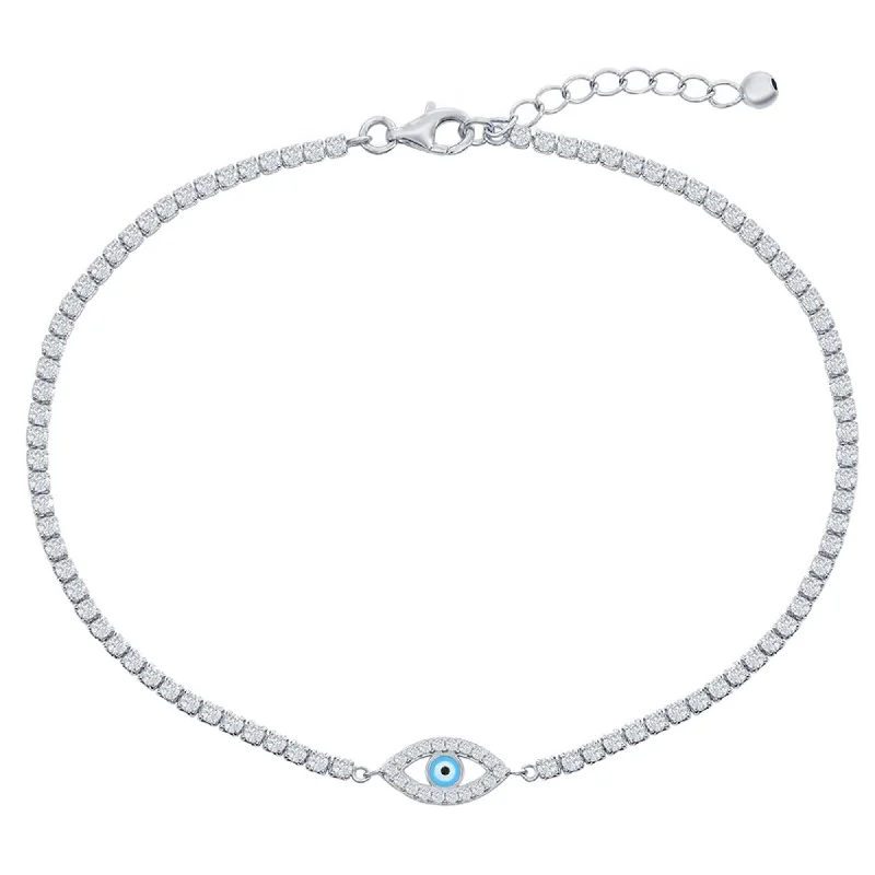 Best necklaces and pendants with floral designs for a feminine and elegant feel-Classic Women's Anklet - Sterling Silver Evil Eye Enamel White CZ Tennis | R-9285