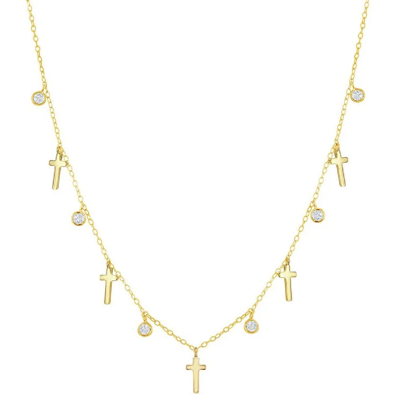 Best necklaces and pendants with turquoise stones for a vibrant boho-chic look-Classic Women's Necklace - Alternating GP Cross and Bezel-Set CZ | M-6802-GP