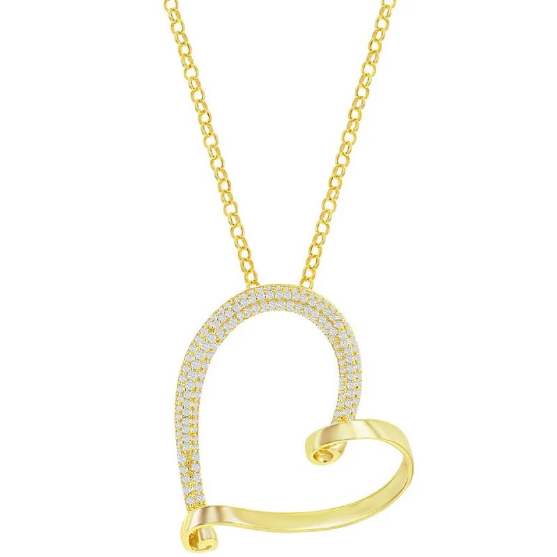 Simple necklaces and pendants with bar pendants for a sleek modern design-Classic Women's Necklace - Gold Sterling Silver Micro Pave Large Heart | M-6985-GP