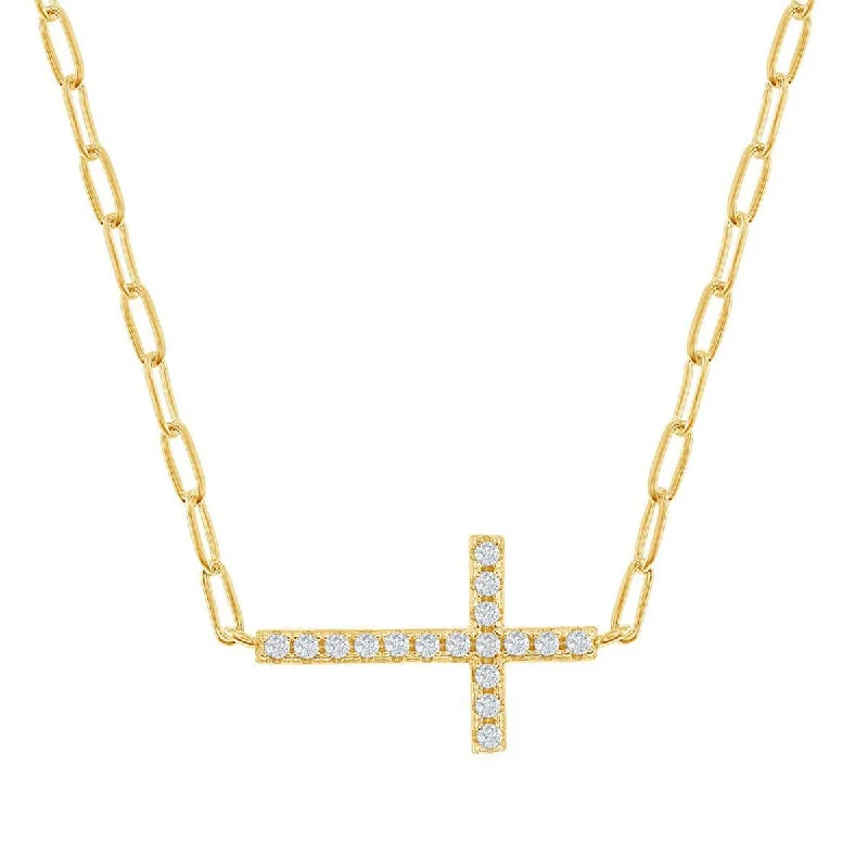 Trendy necklaces and pendants with statement pieces for a bold fashion statement-Classic Women's Necklace - GP Sterling Silver CZ Sideways Cross Paperclip | M-6977-GP