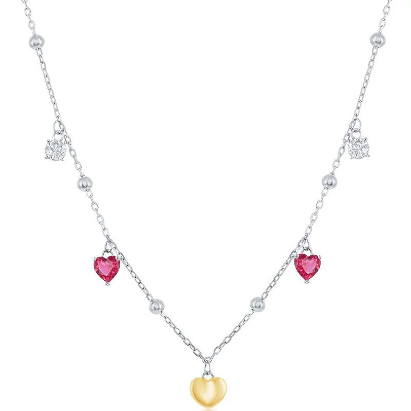 Stunning necklaces and pendants with ruby gemstones for a luxurious red hue-Classic Women's Necklace - GP Sterling Silver White and Ruby CZ Heart Beaded | M-6941