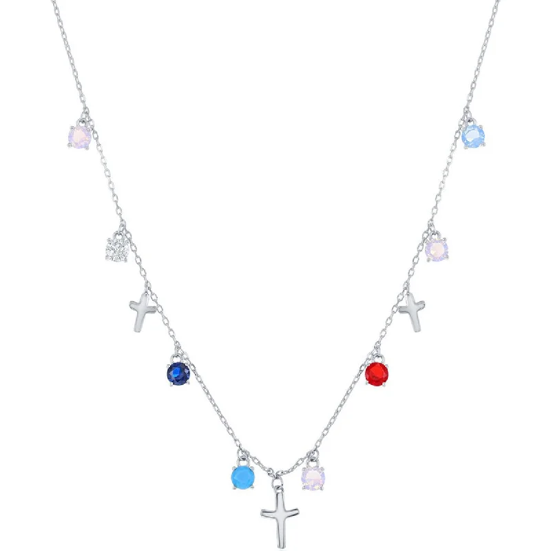 Necklaces and pendants with custom designs for a completely unique jewelry piece-Classic Women's Necklace - Round Multi-Color CZ and Crosses | M-6814