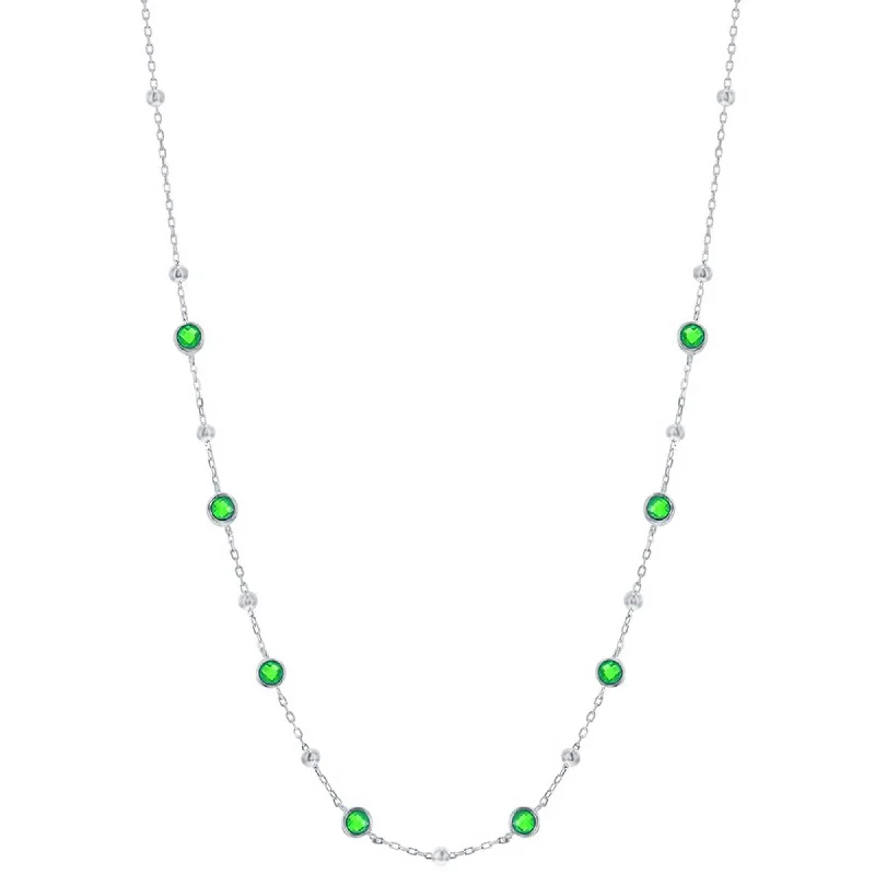 Unique necklaces and pendants with gemstones for a colorful and vibrant statement-Classic Women's Necklace - Silver Bezel Set Emerald CZ and Bead Station | M-7074-16