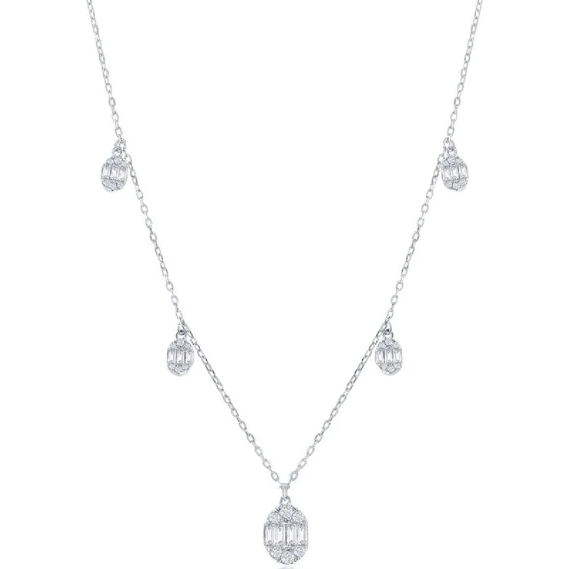 Best necklaces and pendants with matching rings for a coordinated jewelry set-Classic Women's Necklace - Sterling Silver Baguette CZ Oval Charms | M-6925