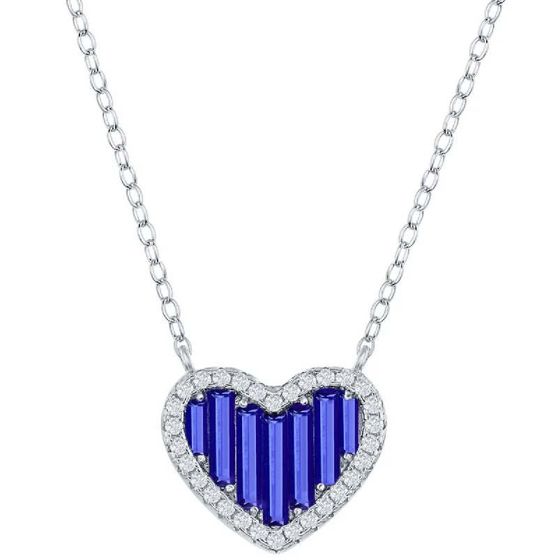 Simple necklaces and pendants with bar pendants for a sleek modern design-Classic Women's Necklace - Sterling Silver Blue Round and Baguette CZ Heart | M-6781