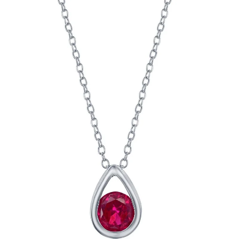 Beautiful necklaces and pendants with diamond halo settings for extra brilliance-Classic Women's Necklace - Sterling Silver Created Ruby Birthstone Pear-shaped | M-6894