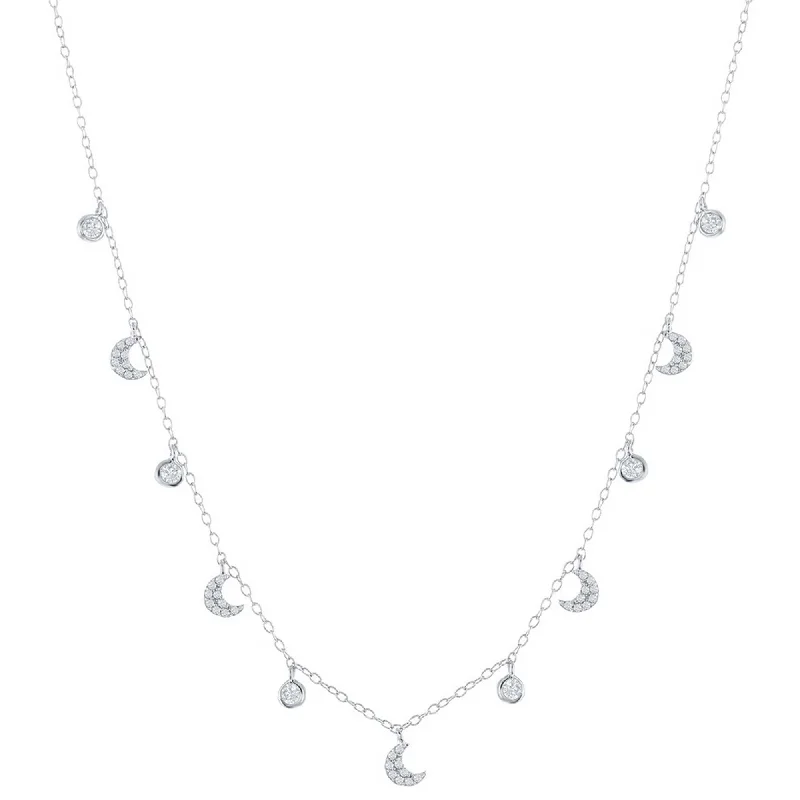 Best necklaces and pendants with black diamonds for an edgy, bold statement-Classic Women's Necklace - Sterling Silver Station Round & Crescent Moon CZ | M-6809