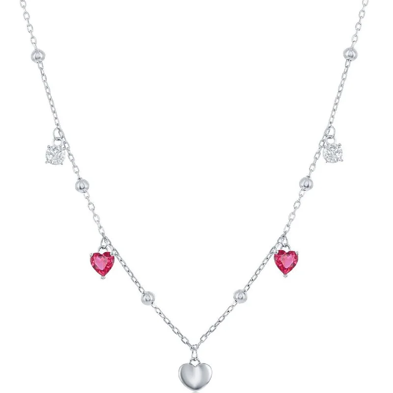 Best necklaces and pendants with glowing moonstone for an ethereal glow-Classic Women's Necklace - Sterling Silver White and Ruby CZ Heart Beaded | M-6813