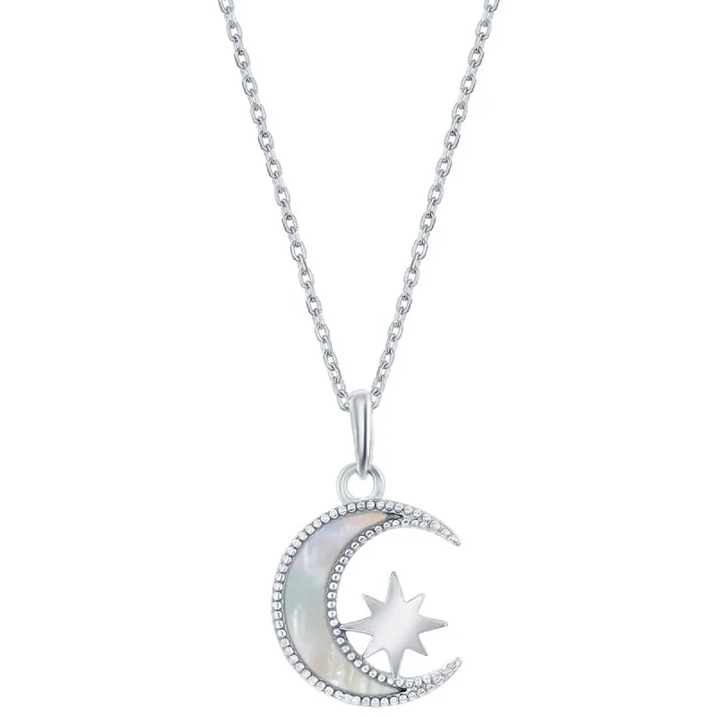 Necklaces and pendants with angel wing motifs for a spiritual, meaningful design-Classic Women's Necklace - Sterling Silver White MOP Crescent Moon with Star | M-6800