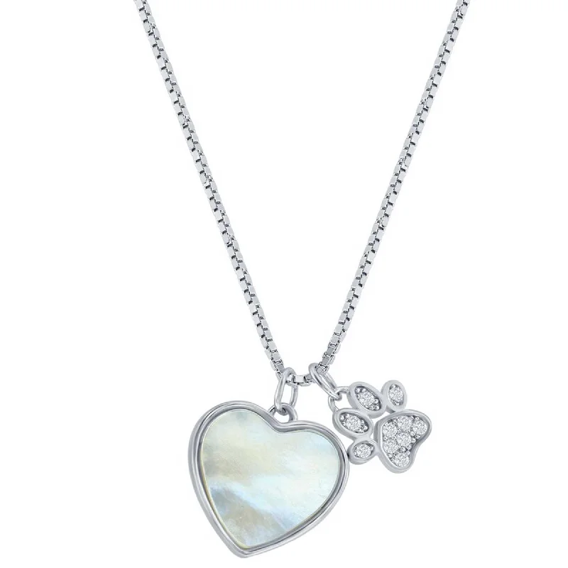 Necklaces and pendants with custom designs for a completely unique jewelry piece-Classic Women's Necklace - Sterling Silver White MOP Heart and CZ Paw Print | M-7093