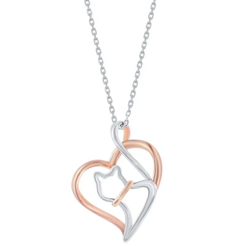 Personalized necklaces and pendants with coordinates for a meaningful location-based gift-Classic Women's Pendant - Two-Tone Sterling Silver and Rose Gold Heart Cat | J-2784