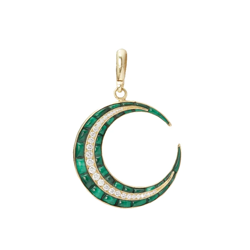 Necklaces and pendants with celestial starburst designs for a radiant look-Malachite Puzzle Crescent Charm