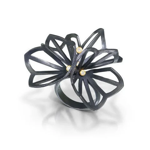 Women’s rings with rough opal for beauty -Double Hyacinth Origami Ring in Oxidized Silver with 18k Gold and Diamonds by Karin Jacobson