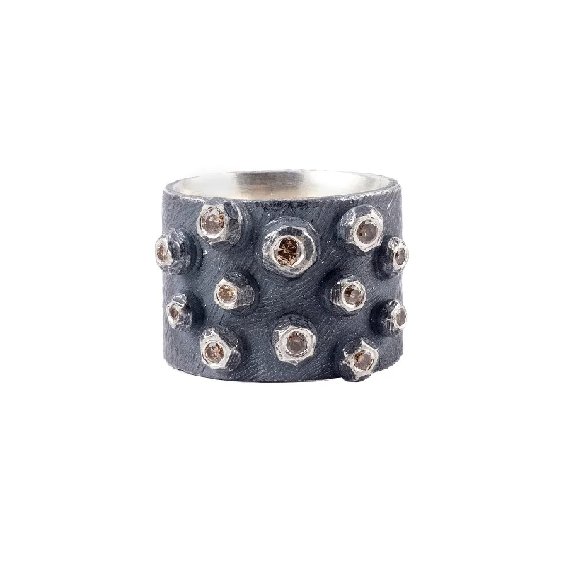 Women’s rings with rough garnet for rugged -Oxidized Silver Barnacle Band with Cognac Diamonds by Dahlia Kanner