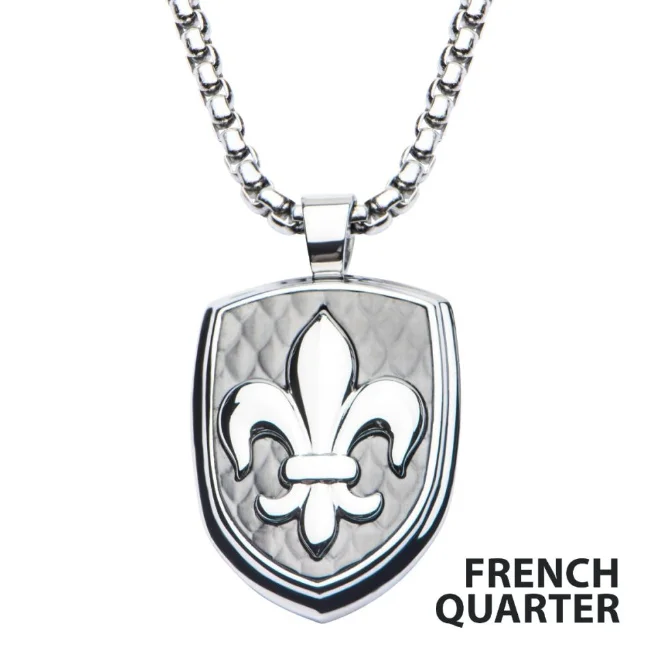 Best necklaces and pendants with butterfly pendants for a delicate, light style-Polished Steel Finish Fleur de Lis Accent Mounted on a Brushed Gun Metal IP Pendant with Steel Box Chain